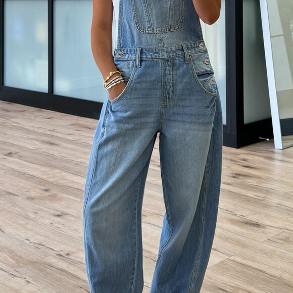 B315 Dusk Blue Adjustable Buckle Barrel Denim Overalls - Picture 1 of 10
